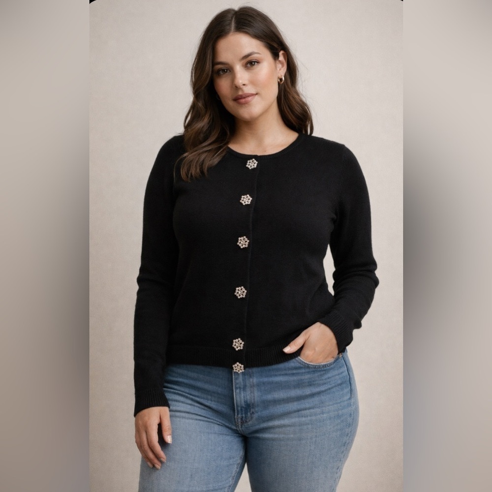 Talbots Women’s 100% Wool Button Down Rhinestone Button Sweater Black Size 1XP